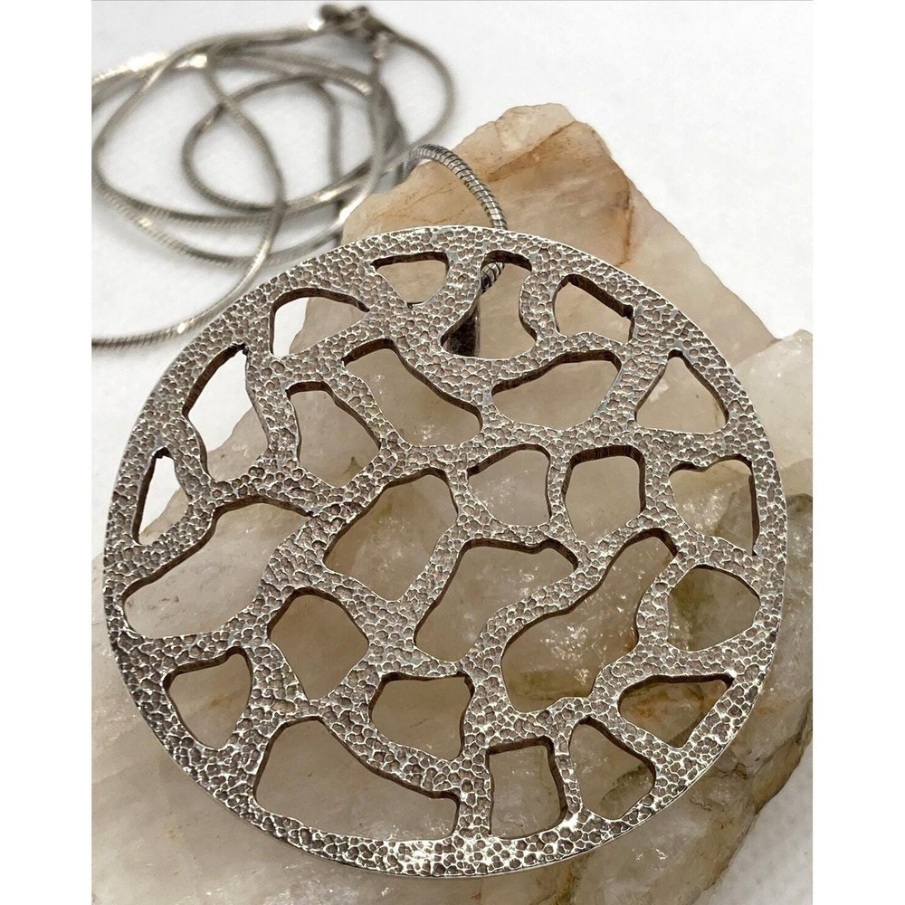 Vintage Textured Modernist Sterling Silver Pendant 24'' Necklace 16.7g Abstract